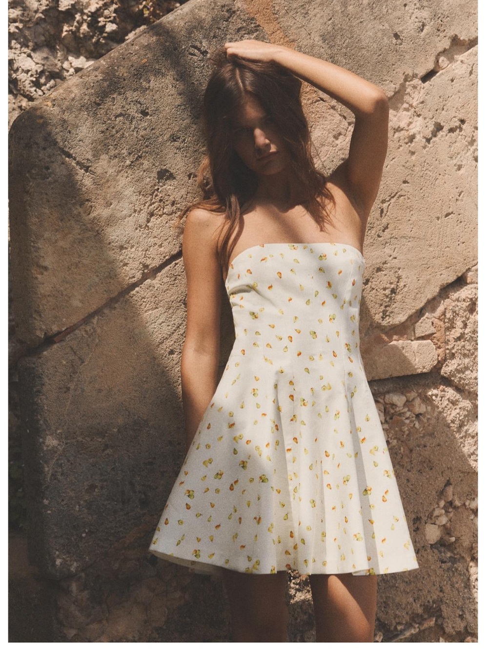 Strapless White Mini Dress with Pear fruit print